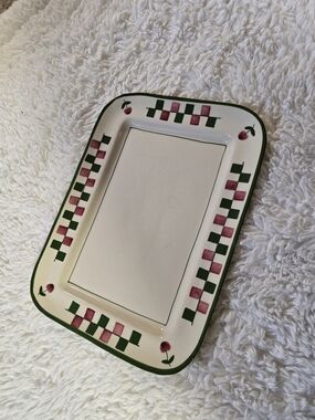 Hand-Painted Hartstone Pottery Ceramic Serving Platter in Cream, Green & Pink